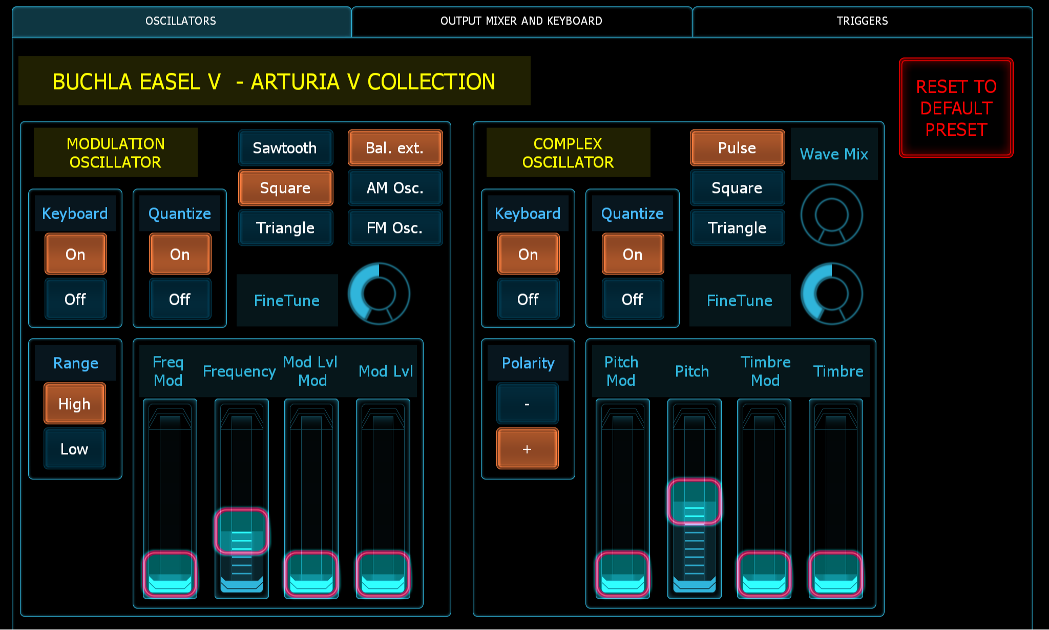 Picture of the Lemur Midi Controller GUI for the Arturia Buchla Easel V virtual instrument