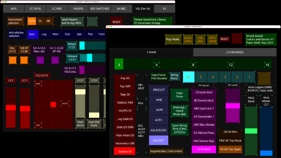 TouchOSC controller GUI design for Ample Sound Guitars and VSL Dimension Strings