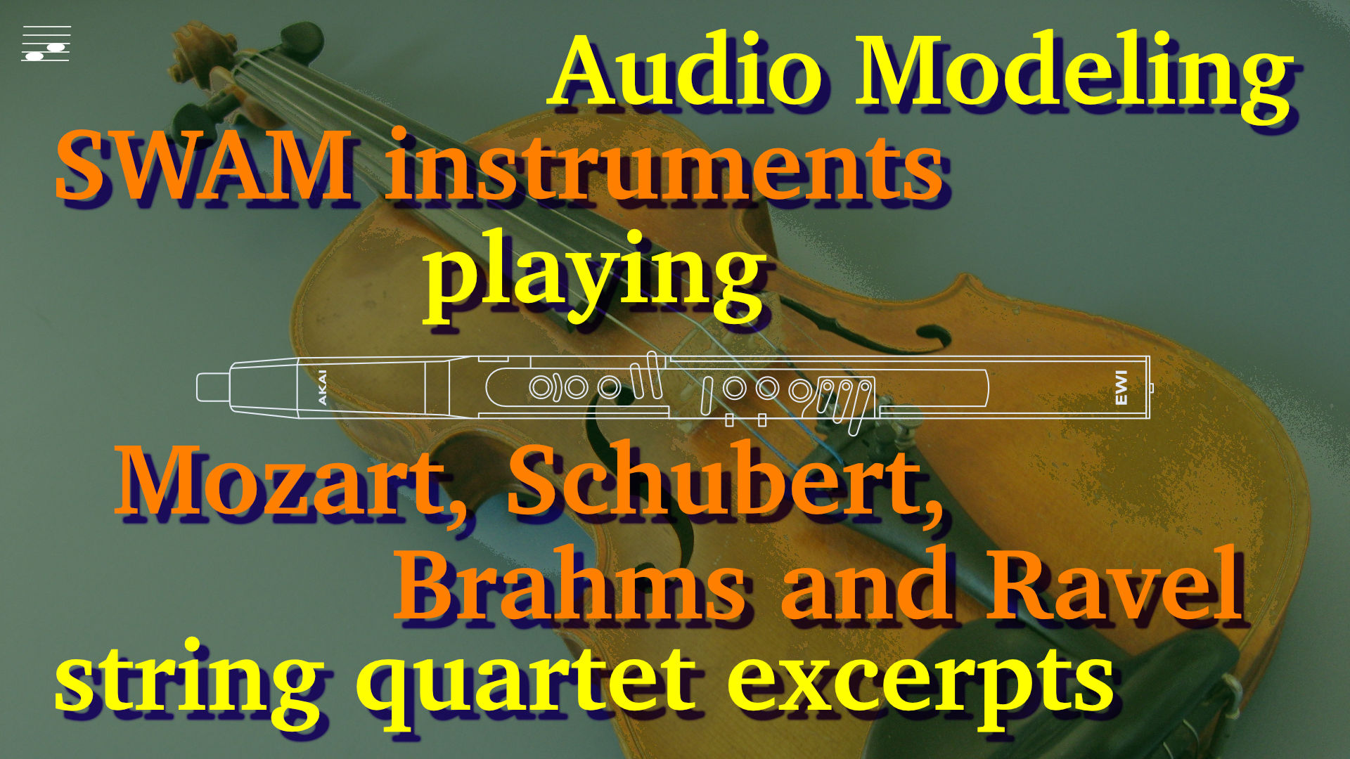 YouTube thumbnail for the SWAM instruments playing Mozart, Schubert, Brahms and Ravel string quartet excerpts video